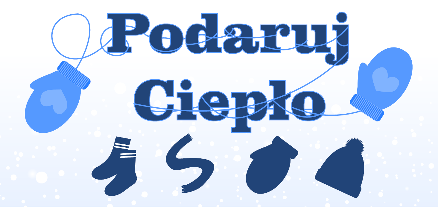 Logo akcji Podaruj ciepło, pod napisem skarpety, szalik, rękawiczka, czapka